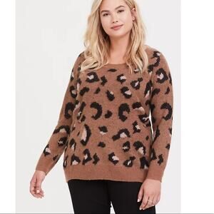 Torrid Brown/Pink Leopard Print Brushed Pullover Sweater - Size 2x (18-20)